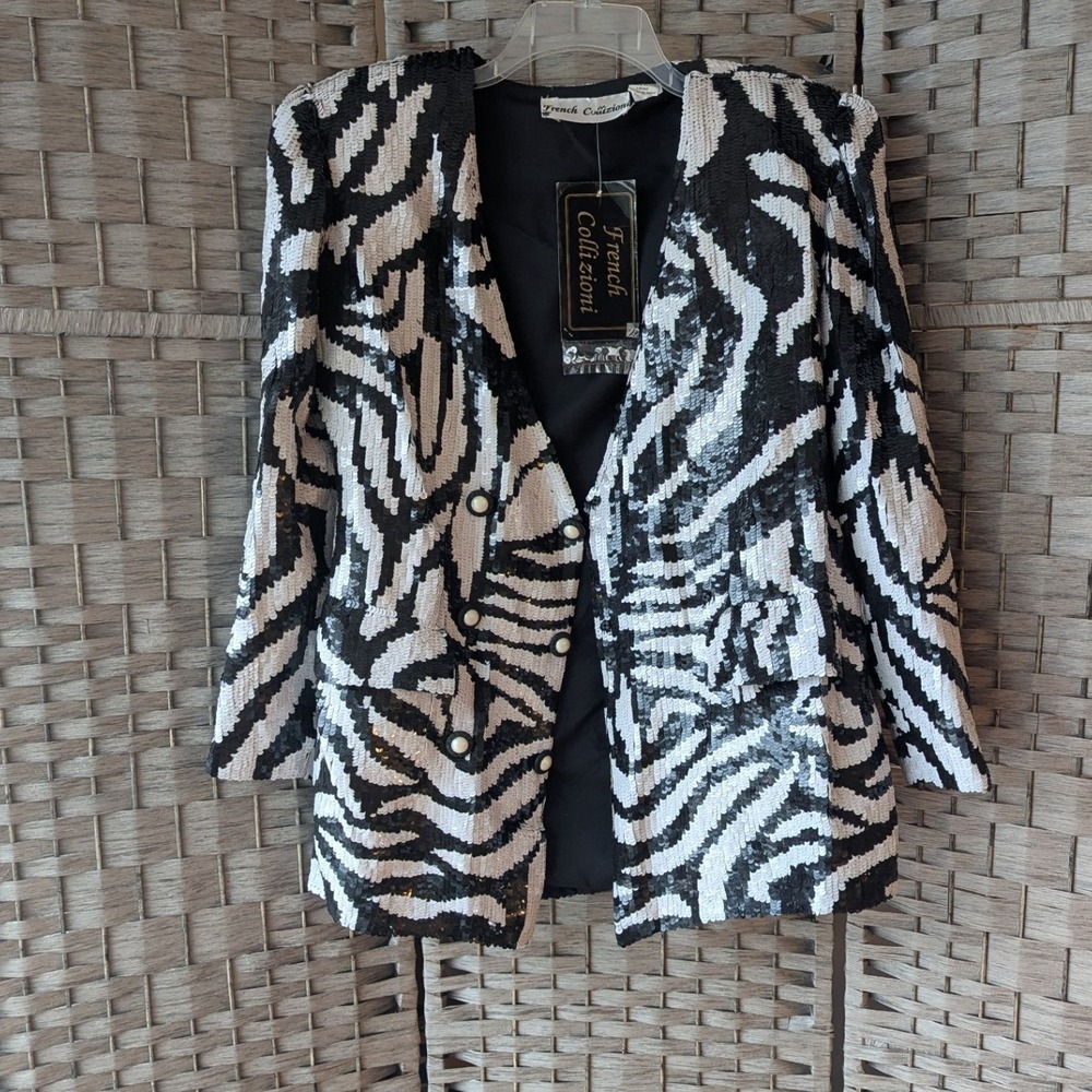 Vtg French Collizioni Blazer Black White Zebra Sequin Silk Double Breasted Sz S